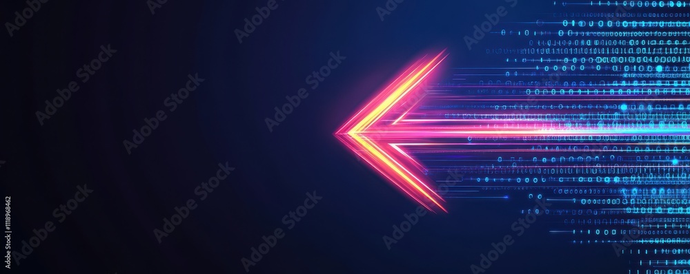 Poster futuristic arrow with dynamic light trails and digital effects.