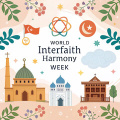 World Interfaith Harmony week Icon Design for Media Poster with different religion symbols