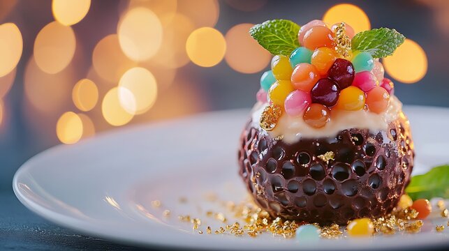 Gourmet Dessert: A Festive Chocolate Sphere with Colorful Boba Pearls