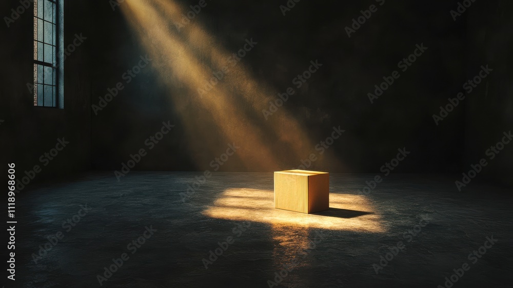 Poster illuminated empty space with a solitary box in soft light.