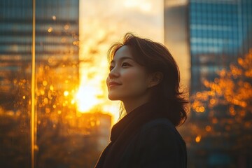 optimistic young female Asian businesswoman contemplating future investments in modern city skyline