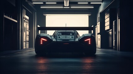 Sleek black sports car illuminated in a dim garage with a dramatic ambiance.