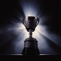 Silver trophy illuminated with dramatic lighting on dark background  