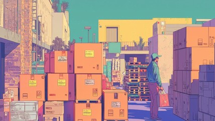 Worker in vibrant warehouse surrounded by colorful boxes.