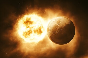 Fototapeta premium Fiery Star Engulfs Planet In Cosmic Dance
