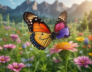 Naklejka premium Delicate butterfly perched on a colorful flower in a lush meadow, scenery, vibrant colors, nature