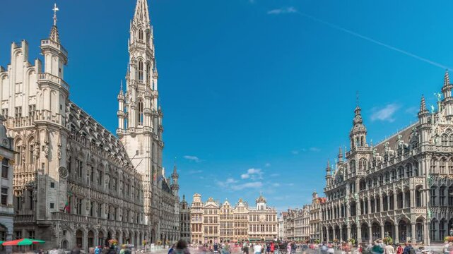 The Grand-Place (Grote Markt) timelapse hyperlapse in Brussels, Belgium. Brabantine Gothic Town Hall, Baroque guildhalls and bustling tourists in the historic city center. UNESCO World Heritage Site