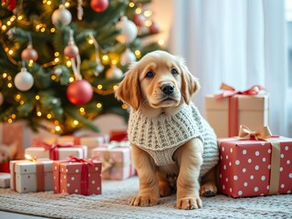 Golden retriever puppy dog in cozy pastel knit coat near Christmas tree with decorations, lights, presents, in pets-friendly Scandinavian-style room, dog, Christmas tree