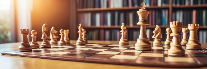 A wooden chess set arranged on a table, with bookshelves in the background.