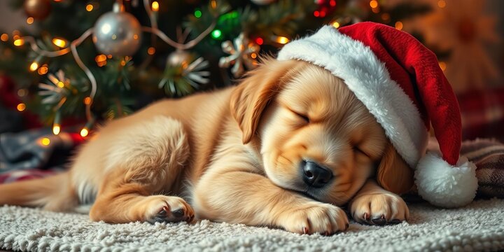 Golden retriever puppy in a Santa hat sleeping near a sparkling Christmas tree, animal, decorations