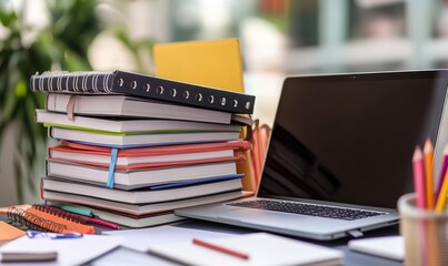 A workspace with stacked books, a laptop, and colorful stationery.