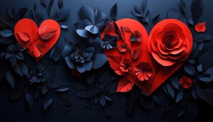 Happy Valentine's Day Red Text with Cutout Paper Hearts and Roses on Dark Background Modern Minimalistic Design
