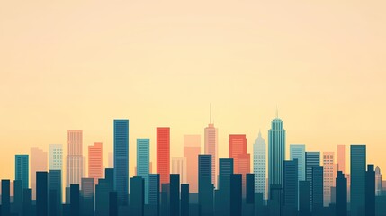 Obraz premium A colorful skyline at sunset, featuring tall buildings against a soft gradient sky, evoking a serene urban atmosphere.