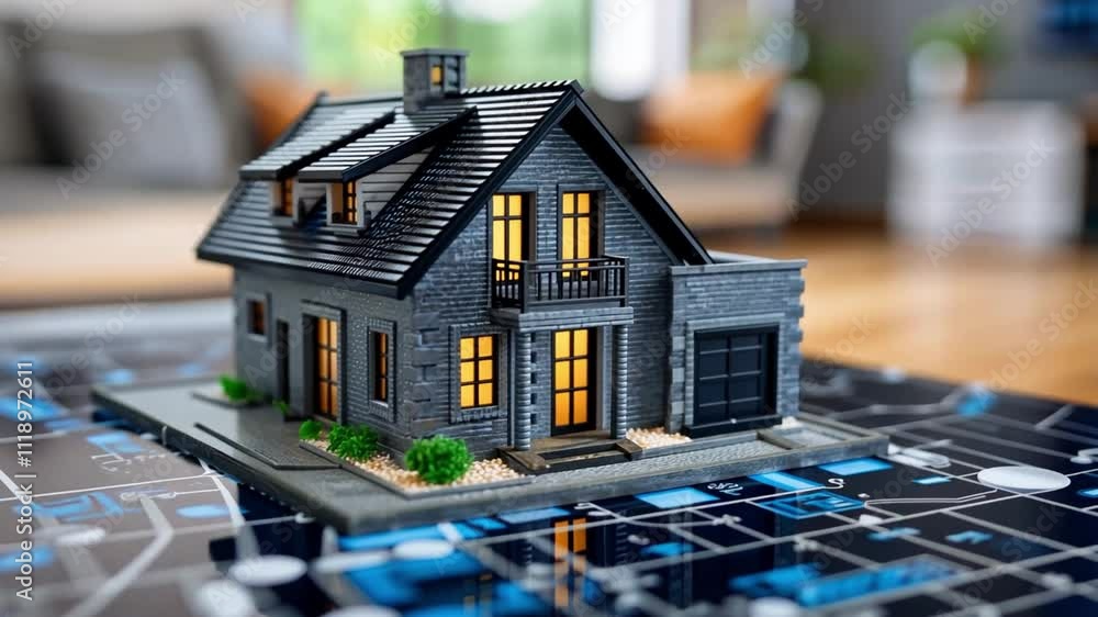 Poster a detailed miniature of a contemporary house sits on a high-tech virtual blueprint. the setting incl