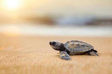 Obraz premium A baby turtle crawling on the beach at sunset, symbolizing nature's journey.