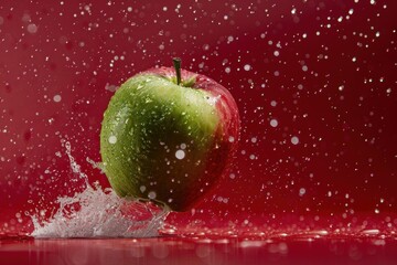 A vibrant apple splashes in water against a red backdrop.