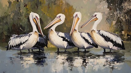 Majestic Australian Pelicans by the Waterside: A Stunning Oil Painting