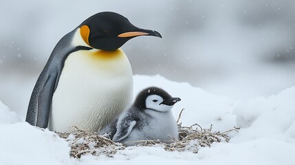 Fototapeta premium King penguin parent protecting its chick in a snow nest.