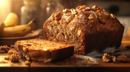 Fototapeta premium Sliced banana nut bread on wooden table with walnuts and bananas in background.