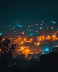Fototapeta premium A nighttime cityscape illuminated by warm streetlights and distant buildings.