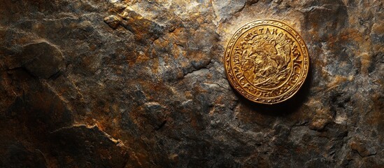 Ancient gold coin rests on dark stone.