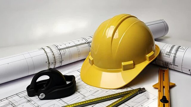 Construction Tools and Architectural Plans Featuring a Yellow Hard Hat and Measuring Instruments