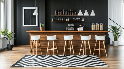 Modern bar interior with wooden counter, white stools, and black and white chevron rug.