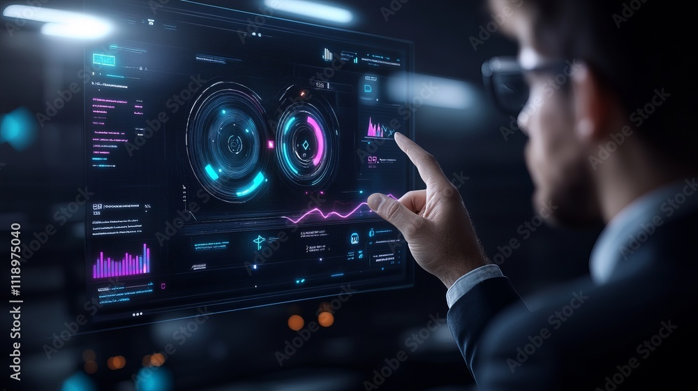Poster futuristic digital user interface design with human interaction