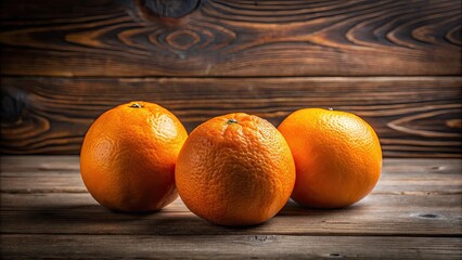 Still life photo featuring three bright oranges on a wooden table, oranges, fruit, vibrant, colorful, food, fresh, juicy, healthy