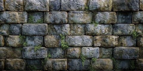 Naklejka premium Close-up of Weathered Stone Wall with Moss Ancient Fortress Textures Bricks Cracked Surface Diffused Light Background