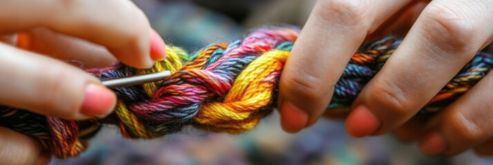 Close-up of hands braiding colorful yarn with a crochet hook, showcasing a crafting activity.
