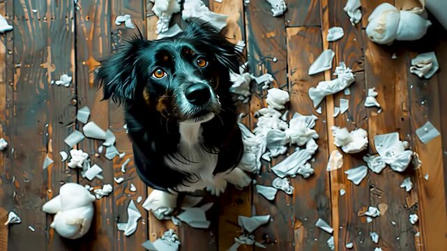 いたずらで部屋を散らかして怒られる犬