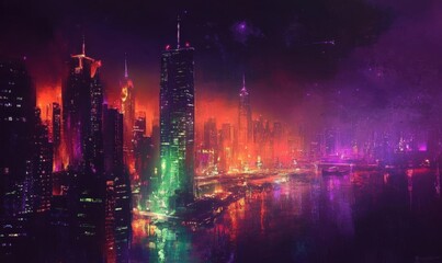 Fototapeta premium A vibrant, futuristic cityscape illuminated by colorful lights at night.
