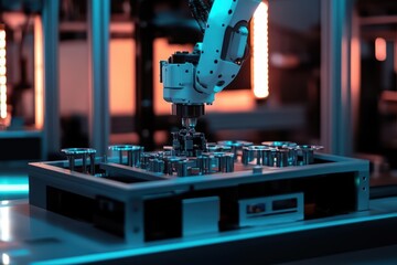 Robotic arm manipulating metal components in a modern industrial setting.