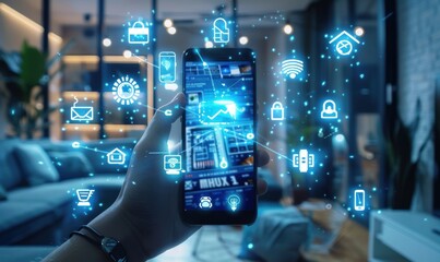 A hand holds a smartphone displaying digital icons and data analytics.