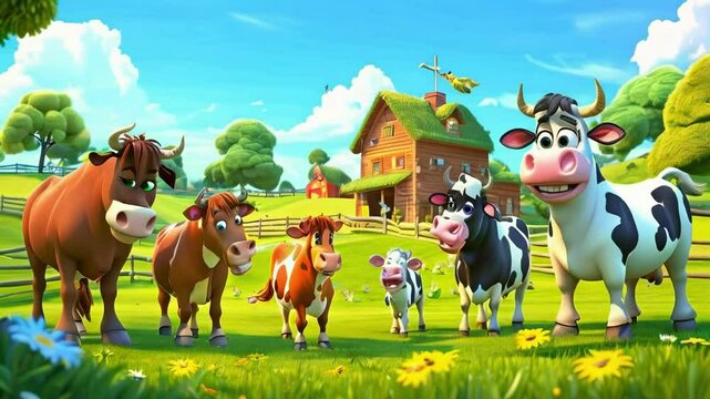 Cartoon Farm with Horses and Animated Cows