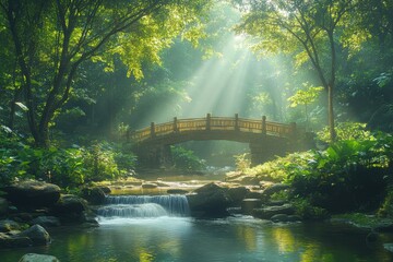 Fototapeta premium Misty Morning Bridge Over a Tranquil Stream