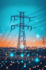 Power lines against a vibrant sunset, showcasing energy infrastructure.