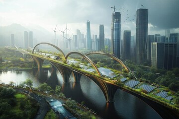 Obraz premium Futuristic urban landscape featuring a green bridge and skyscrapers.