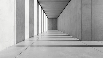 A minimalist concrete corridor with parallel columns, creating a sense of depth and light play through shadows.
