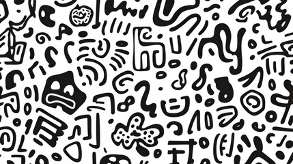 Explore abstract black shapes: a seamless pattern of doodles and scribbles in monochrome. Enjoy this creative design!
