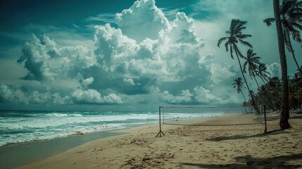 Beach volleyball game at tropical shoreline scenic ocean view cloudy weather relaxed atmosphere