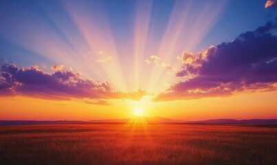 Obraz premium A vibrant sunset with rays of light illuminating a serene landscape.