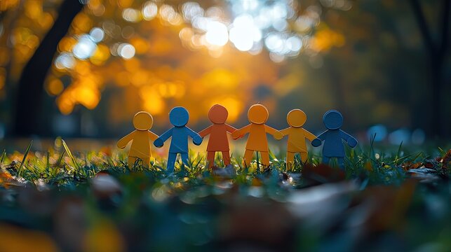 Colorful paper people holding hands in the grass with a bokeh background, symbolizing unity and community