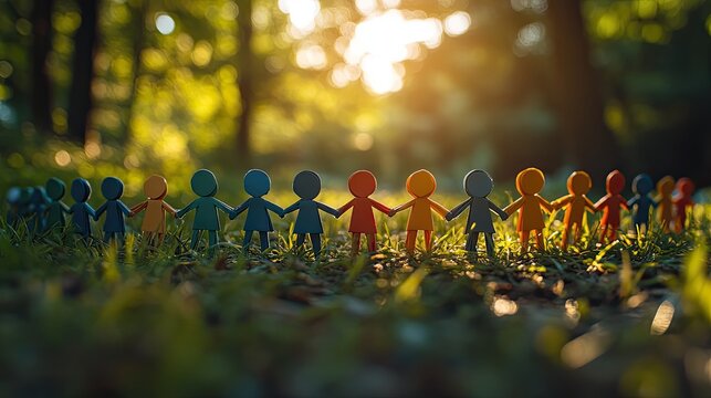 Colorful paper people holding hands in the grass, representing unity and community for a world of diverse cultures