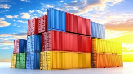 Shipping containers stacked for transport at sunset industrial port aerial view of cargo operations