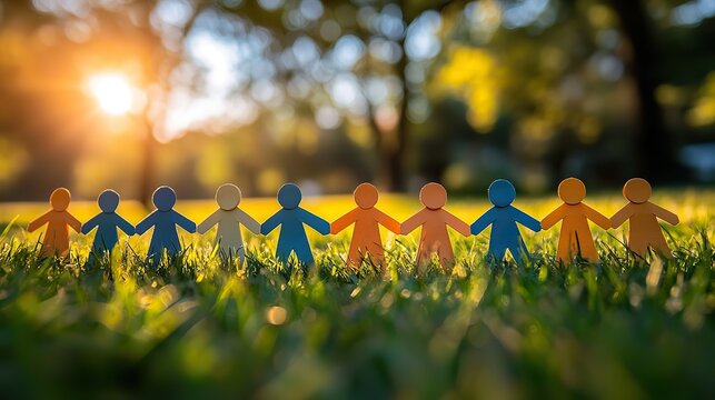 Colorful paper people holding hands in the grass, symbolizing unity and community support for children