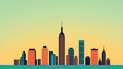 A vibrant skyline silhouette featuring iconic skyscrapers against a gradient sunset backdrop, showcasing modern architecture and urban beauty.