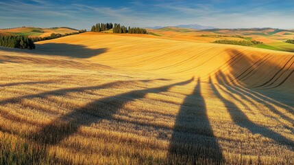 Obraz premium Serene landscape of rolling hills with long shadows at sunset.