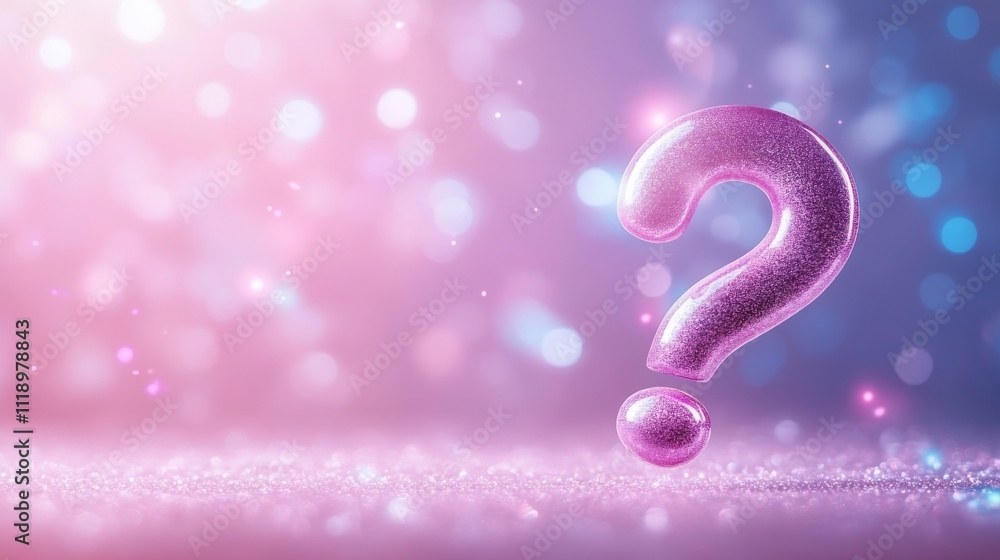 Poster pink glitter question mark on colorful background with bokeh effect